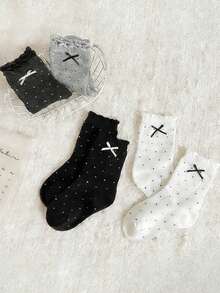 4双装女童韩版蝴蝶结装饰中筒袜，透气芭蕾舞风格日常袜，适合夏季和秋冬季穿着 - 彩色 - 查看 5