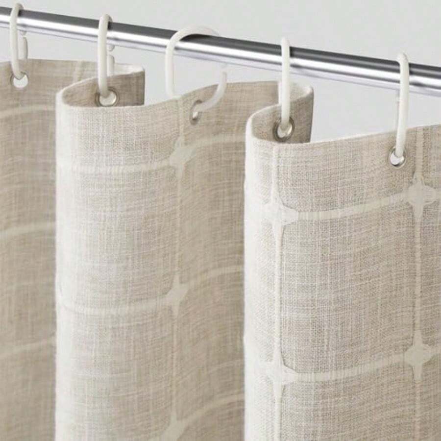 Cortina de ducha de lino neutro impermeable tela texturizada resistente clásico color beige rústico decoración bohemia para baño con 12 ganchos de plástico 72 pulgadas de ancho x 72 - 182.9An x 182.9Al cm (1 Panel) + Lino-natural - Ver 1