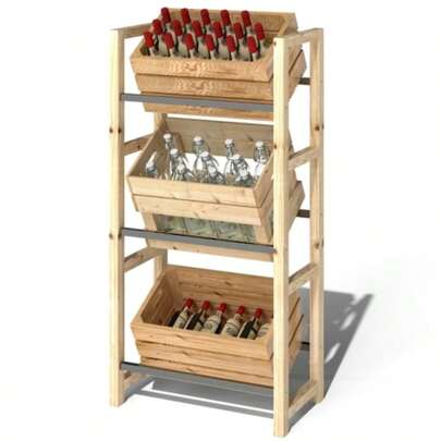 Estante para 3 cajas de bebidas, fabricado en madera natural, con 3 niveles, soporte autoportante, capacidad de carga 150 kg, ideal para cerveza y agua, dimensiones: 56 x 32 x 112 cm.