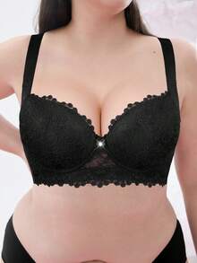 Plus Size Women Lace Padded Push Up Bra - Anti-Sagging, Minimalist & Skin-Friendly, Comfortable & Sexy, Holiday Gift - Black - View 9