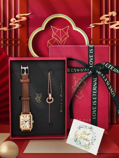 LUCKYFOX batteridriven klocka med elegant armband, presentask, dammode, vintage, exklusiv kvartsklocka med strassdekorerad skimrande urtavla och läderarmband, lyxigt presentset med gratulationskort, lämplig för högtider, alla hjärtans dag