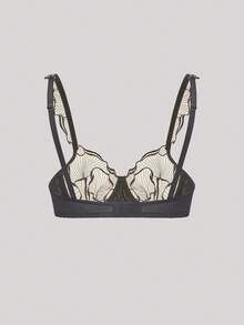 2 件女士黑色刺绣蕾丝性感内衣套装，半透明设计俏皮可爱文胸和内裤，圣诞节和万圣节礼物