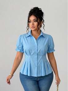 畅销款褶皱泡泡袖女士优雅休闲衬衫 - 藍色 - 查看 5