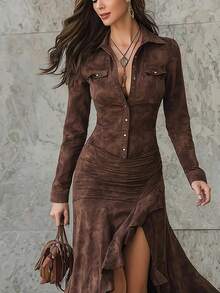 Elegant Vintage Fit And Flare Long Sleeve Button Front Shirt Dress With Ruched Ruffle Hem Flounce Design - Nâu sẫm - Xem 2