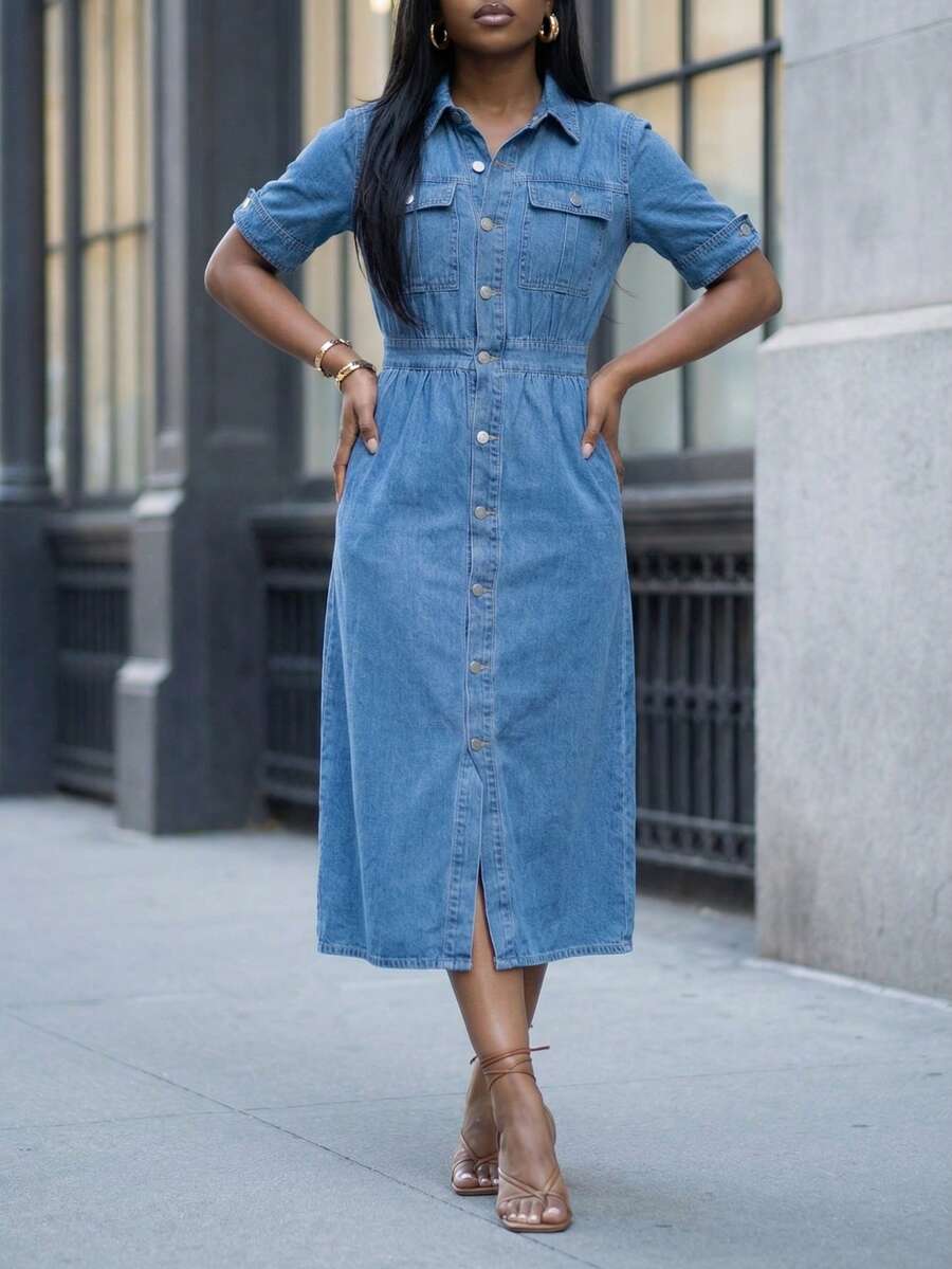 Women's High Waisted Denim Shirt Dress - Short Sleeve Button Front Midi Dress Soho Minimalist Aesthetic - Rửa trung bình - Xem 1