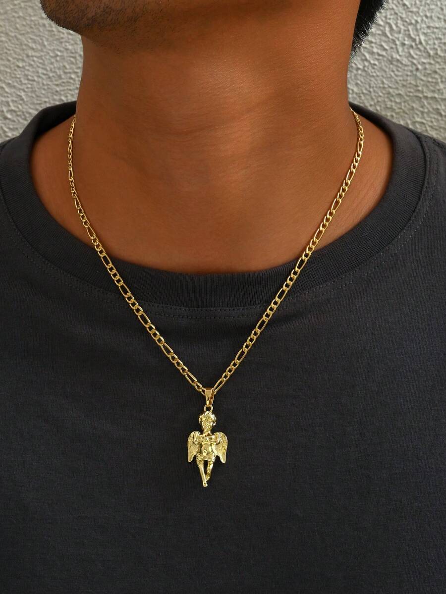 1件男士复古风3D立体浮雕天使吊坠项链，嘻哈金属质感天使颈饰，基督教相关男士饰品，适合日常佩戴和搭配。 - 金黃色 - 查看 1
