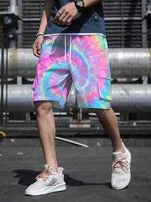 Stylish Men's Bottoms - Men's Cargo Shorts, Drawstring Waist Design, Versatile And Fashionable, Woven Non-Stretch Fabric, Machine Washable, Rainbow Tie-Dye Glitter Pattern, Suitable For Outdoor Sports, Casual Commuting. - Nhiều màu - Xem 3