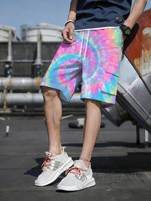 Stylish Men's Bottoms - Men's Cargo Shorts, Drawstring Waist Design, Versatile And Fashionable, Woven Non-Stretch Fabric, Machine Washable, Rainbow Tie-Dye Glitter Pattern, Suitable For Outdoor Sports, Casual Commuting. - Nhiều màu - Xem 2