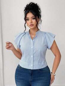 条纹荷叶边短袖露背系带蝴蝶结立领纽扣上衣，优雅休闲修身女式衬衫 2026 - 藍色 - 查看 4