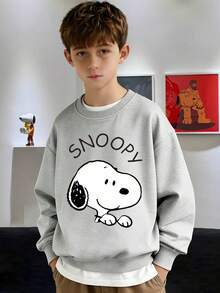 Snoopy Authorization, SNOOPY  And The Word  Snoopy  Print Modern Punk Crewneck Sweatshirt, Autumn And Winter Children's Fleece Sports Sweater, Suitable For Boys And Girls For Daily Commuting, School, And Casual Sportswear.  Long-Sleeved Top, Perfect For Holiday Parties, Outdoor Activities, And Travel. - 灰色 - 查看 2