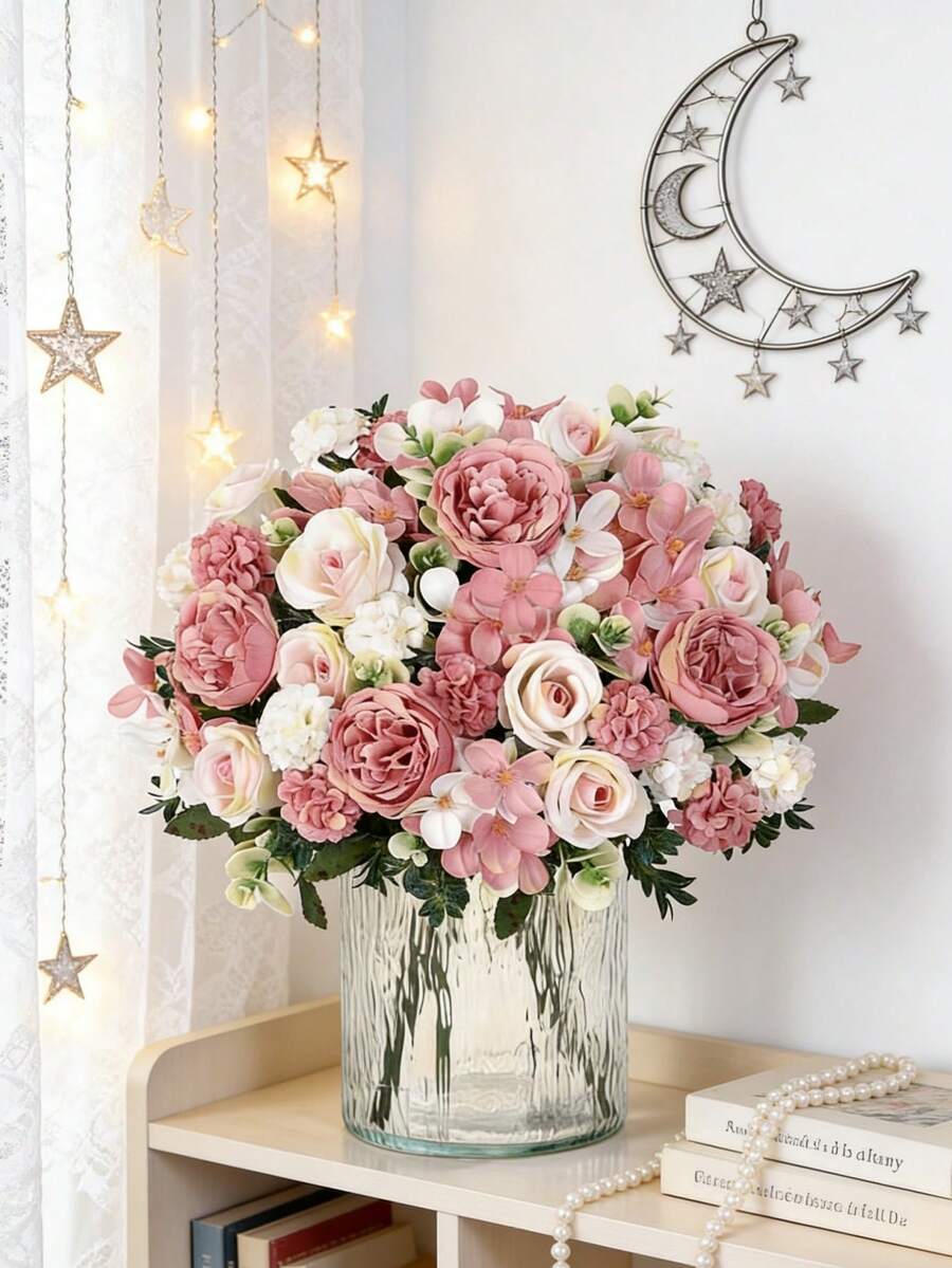 1/3/60件人造牡丹、玫瑰、花苞、繡球花花束,刺繡花卉裝飾,多種花卉組合,適用於情人節、生日派對、婚禮、家居裝飾、餐廳、臥室、窗台、花瓶裝飾、情人節與新年裝飾、戶外花園、返校季及其他場合 - 粉色 - 查看 1