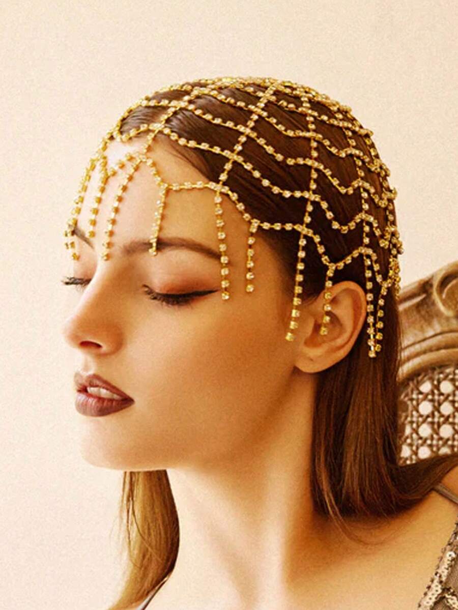 This Explosion-Style Mesh Headpiece Comes With Personalized Tassels And Rhinestone Hair Chain, A Luxurious Bridal Rhinestone Headpiece And Rhinestone Cap, Perfect For Parties And Gatherings. - Multicolor - View 1