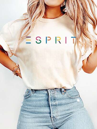 T-shirt décontracté d'été pour femmes, col rond, manches courtes, imprimé de lettres colorées