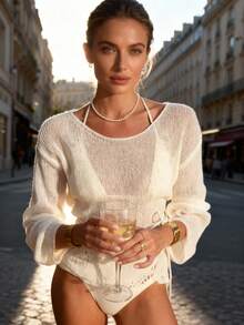 VIBEWAVE Women's Loose Knit Sweater With Tie, See-Through Round Neck Long Sleeve Pullover - Beige - View 3