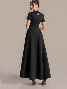 ASANDY This High-End Party Cocktail Dress For Women Features A Long Black Design, Adorned With Elegant Pearls And Rhinestones, Made Of Medium Stretch Knit Fabric. - Black - View 5