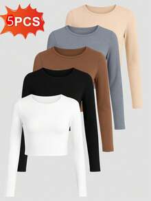 Set de 5 camisetas de manga larga de cuello redondo de ajuste delgado para mujer. Conjunto de 5 piezas Camiseta de manga larga ajustada de unicolor casual para mujer, primavera y otoño. Conjunto de 5 piezas Camiseta sencilla de manga larga de cuello en redondo negro liso para mujer, de uso casual diario en verano. Set de 5 camisetas tipo Henley casuales de mujer con cuello en redondo y mangas raglán ajustadas - Multicolor - Ver 8