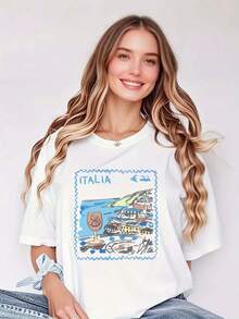 Summer T-Shirt Women Pure T-Shirt Amalfi Coast Dreamscape Italia Postcard Tee Women Edition Fashioncotton T-Shirt Top For Women - 白色 - 查看 7