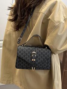 1pc Women's Luxury Fashion Handbag, PU Material, Belt Buckle Design, Lightweight & Versatile, Magnetic Closure, Suitable For All Seasons, Top Handle With Detachable Shoulder Strap, Classic Print, Suitable For Travel, Shopping, Strolling, And Outdoor Commuting, Women's Work Bag, Elegant Tote - Black - View 10