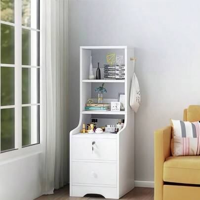 White, Three-Layer Bedside Table Against The Wall, Large Capacity Multi-Layer Storage Cabinet, Simple And Versatile, Multi-Layer Classification Cabinet For Skincare Products/Chargers/Tissues, Floor Standing Bookshelf, Suitable For Small-Sized Bedrooms And Living Rooms