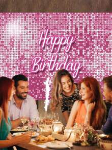 1件粉色闪光生日快乐霓虹背景幕布，多尺寸涤纶材质横幅，适用于生日庆祝、主题派对欢乐氛围装饰、摄影道具 - 粉色 - 查看 3