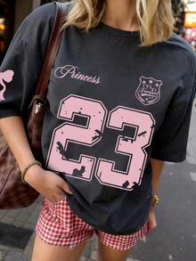 女式可爱蝴蝶结和数字 23 印花圆领短袖 T 恤，时尚百搭夏季上衣