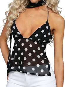 Women Tank Tops Halter Neck Sleeveless Dot Print Summer Backless Crop Vest With Scarf Set - Black - View 5