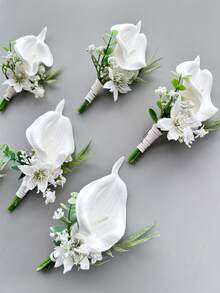 1支/6支装人造PU马蹄莲新郎胸花男士兄弟腕花毕业别针西装婚礼鲜花派对装饰 - 白色 - 查看 3