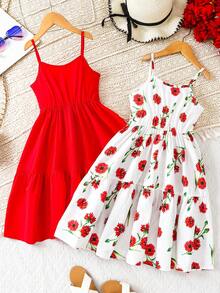 Set Gaun Suspender Puff Kasual Lucu & Elegan untuk Anak Perempuan Musim Semi/Panas, Warna Polos & Motif Bunga, Model 2 Potong - Merah - View 2