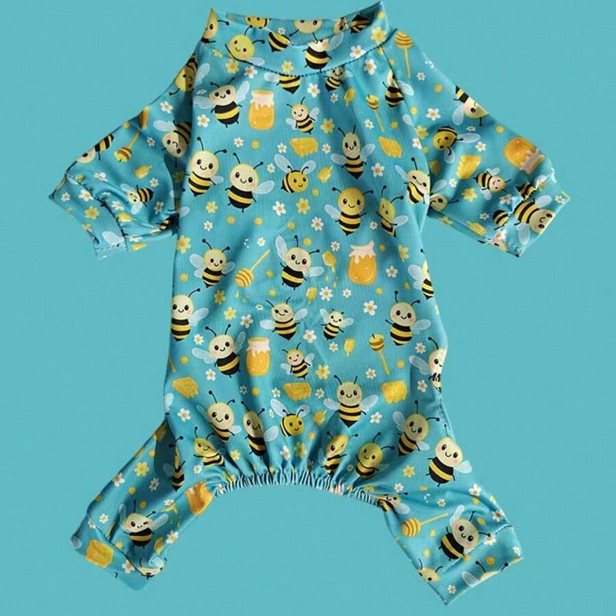 New Pet Clothes, Cat & Dog Pajamas, Suitable For Medium & Small Dogs Like Teddy, Pomeranian, Chihuahua, Bee & Strawberry Pattern - Blue - View 1
