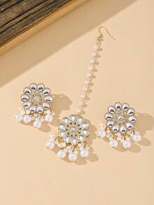 优雅的宝莱坞风格首饰套装，水晶花朵头饰搭配仿珍珠流苏耳环，适合女性参加节日、婚礼和日常佩戴。 - 吊墜型 - 查看 5