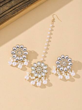 Elegant Bollywood Style Jewelry Set Crystal Splicing Flowers Hair Chain,Handmade Beads With Faux Pearls Tassel Pendant Earrings For Women's Festival,Wedding,Daily Wear,Ramadan Accessories Gifts