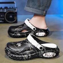 1 Pair Men's Lightweight Breathable Mesh Wooden Clogs, Hollow Slip-Resistant Garden Shoes, Casual Outdoor Non-Slip Thick-Sole Beach Sandals/Flip-Flops - Black and White - View 8