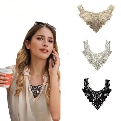 An Elegant Water-Soluble Embroidered Lace Collar - Featuring Floral And Lace Patterns, Available In Black/Beige, Suitable For Shirts And Jackets (Hand Wash Only), Ideal For Sewing Projects