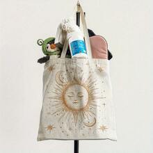复古金色日月图案双面印花手提袋，精美主题购物袋，波西米亚学院风设计，秋季感恩节礼物，杂货袋，适合居家、通勤、度假、上学、送礼，16英寸*14英寸 - 白色 - 查看 5