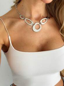 1pc Vintage Geometric Hollow Oval Clavicle Chain, Suitable For Off-Shoulder, Work Outfits, Sweet & Cool Girl Vibe Accessory - Irregular O-shaped Necklace - View 4