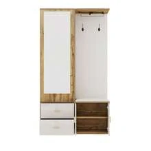 Elegant Wardrobe Set In White And Wood Tones With Mirror, Shoe Cabinet, Shoe Bench With Hooks And Extendable Clothes Rail - White - View 7