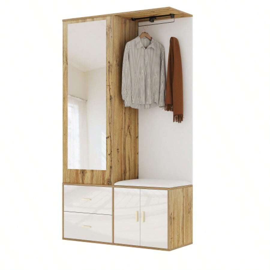 Elegant Wardrobe Set In White And Wood Tones With Mirror, Shoe Cabinet, Shoe Bench With Hooks And Extendable Clothes Rail - White - View 1