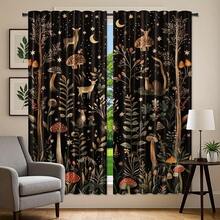 Blackout Curtains - Whimsical Mushroom & Floral Print On Black Background, Machine Washable Rod Pocket Drapes For Bedroom, Living Room, Kitchen, Balcony - Contemporary Home Decor, Natureinspired Design,  Peach Skin Curtains, Single-Sided Printed, Polyester Material, Easy To Clean And Maintain, Soft And Comfortable, Perfect For Living Room, Bedroom, Balcony, Study Room, Kitchen, Rod Pocket Curtains, Enhance The Sense Of Happiness At Home, Perfect For Christmas, Halloween, And Thanksgiving Decorations(Rod Not Included) - 款式 3(2 片) - 查看 3
