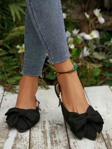 一双时尚优雅的黑色蝴蝶结平底鞋 - 黑色 - 查看 3