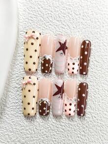 10片可爱美甲贴纸套装，蕾丝法式美甲，亚克力美甲套装，蝴蝶结、星星、漩涡、波点图案，马卡龙色假指甲，包含指甲锉，3种形状：杏仁形、鸭嘴形、棺材形，适合通勤、秋冬季、生日、派对、日常佩戴，甜美女孩美甲用品，手工制作的按压式美甲贴片 - 彩色 - 查看 11