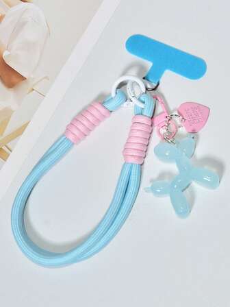 סט אחד של שרוך לטלפון קלוע ניילון בצבע תכלת + מחזיק מפתחות קסם טלפון עם בלון ג'לי וכלב, קסם תיק חמוד ויצירתי יוקרתי