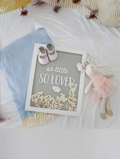 Wooden Elephant Shaped Memo Frame, "Little Wish" Signature Edition Baby Shower Guest Book Alternative, Gender Neutral Pregnancy Keepsake, Includes 65 Signature Cards And 1 Pen, Gray & White, Baby Shower Decor