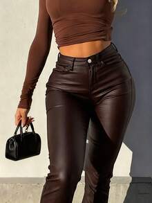 NVFelix Women's High Waist Fitted Flare Pants, Elegant Y2K Outdoor Style, Chocolate Brown Color, New Arrival For Thanksgiving & New Year - Màu nâu Sô-cô-la - Xem 7