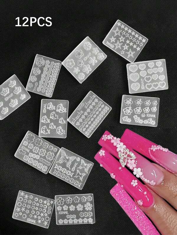 Juego de 12 placas de estampado de uñas de silicona con diseños de mariposa, flor, corazón y estrella. Ideal como accesorios decorativos para salones de uñas. Herramientas de arte de uñas reutilizables.