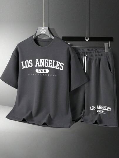 男童字母印花圆领短袖T恤和短裤套装