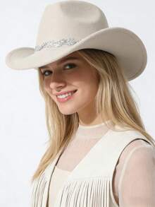 棕色毡布牛仔帽，饰有水钻叶子帽带 - 西部风格女牛仔帽，适合女士参加派对和户外活动 - 彩色 - 查看 6