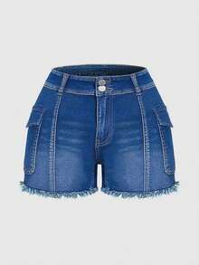 Women's Fashion Blue Denim Shorts, Straight Leg, With Pockets, Zipper And Button Details, Medium Stretch, Casual Style - Royal Blue - View 7
