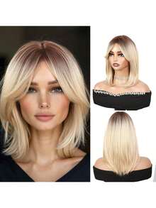 14-Inch Ombre Blonde Straight Synthetic Wig With Bangs, Layered Bob Style, Heat Resistant Fiber Material, Suitable For Daily Wear