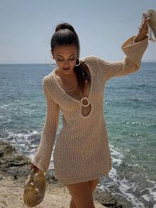 Women's Solid Color Sexy Knitted Beach Cover-Up Hollow See-Through Long Sleeve Mini Dress With Metal Ring Design, Spring/Summer - Khaki - View 7
