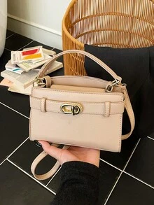 Modern Chic Gold Hardware Decor Women's Handbag; Fashionable Minimalist Square Handbag With Shoulder Strap Decor; New Solid Color Urban Commute Adjustable Shoulder Strap Crossbody Bag, Suitable For Shopping - Apricot - View 7